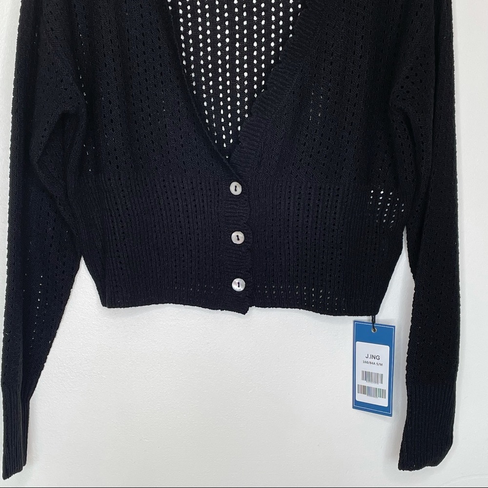 J.ING Black Crop Cardigan Open Knit Long Sleeve V-neck Button Small Medium NWT - Picture 4 of 9